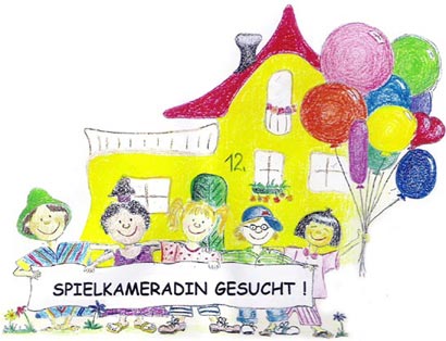 Zeichnung des Kinderhaus Madergasse mit Kindern die Luftballons in der Hand halten und ein Transparent mit der Aufschrift Spielkameraden gesucht.